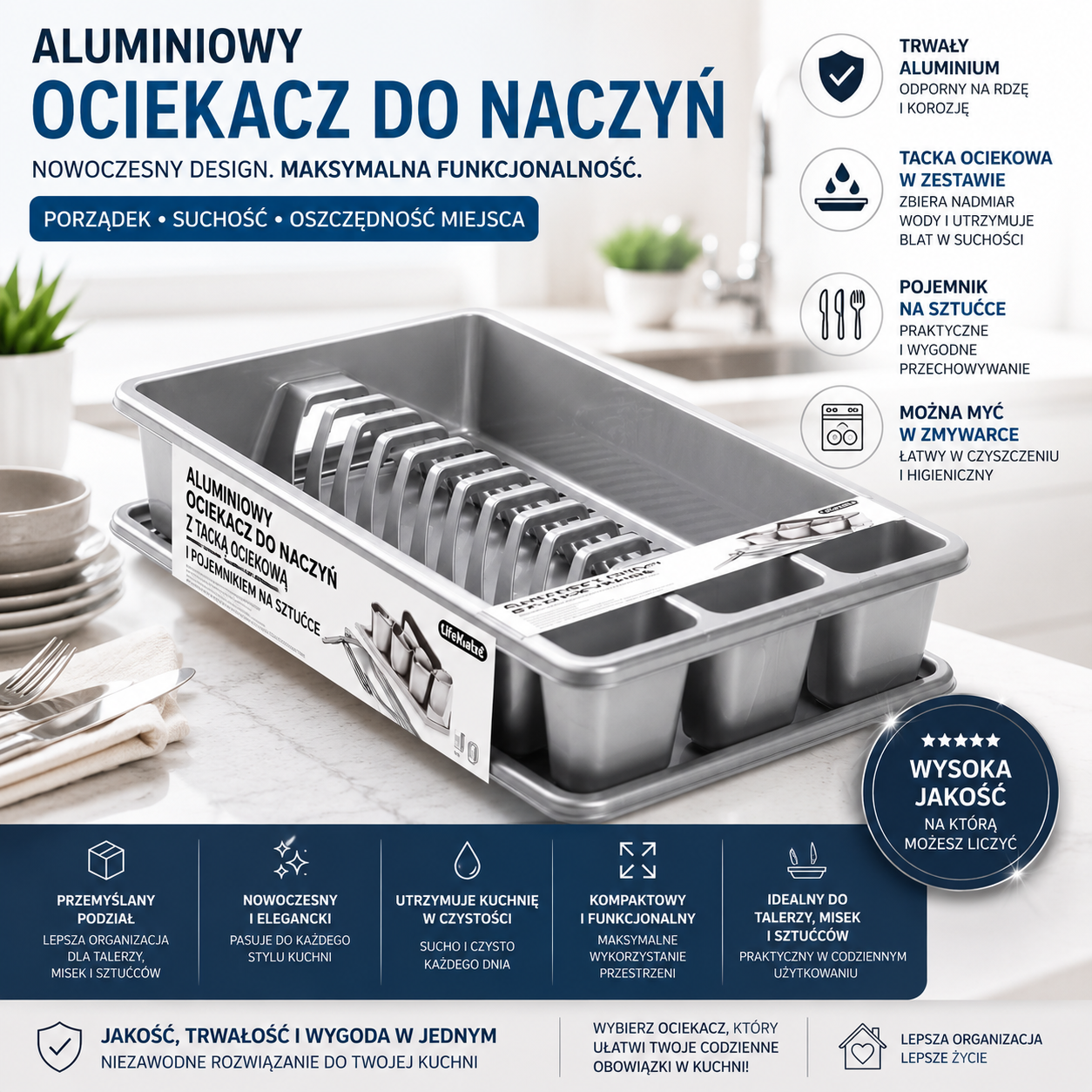 Aluminiowy ociekacz do naczyń z tacką ociekową i pojemnikiem na sztućce